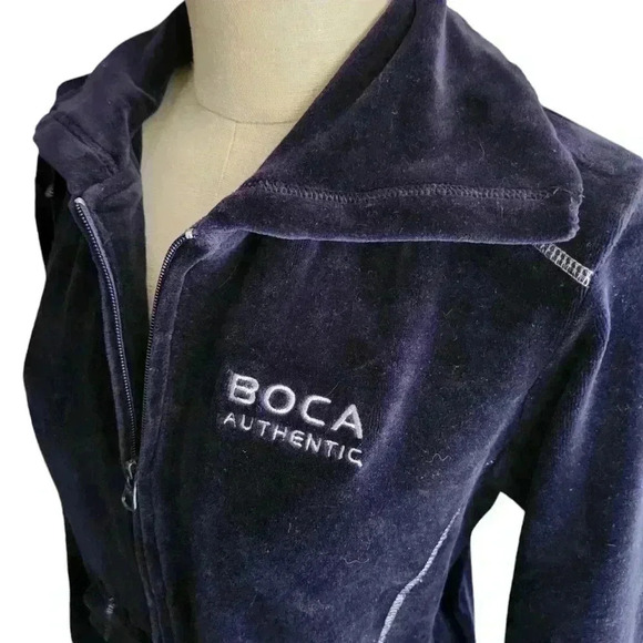 Vintage Y2K Boca Velour Zip-Up Sweatshirt L Navy - Picture 5 of 12